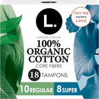 L. Tampons, Made with Organic Cotton, Regular/Super Absorbency, Multipack, Made Without Synthetic Pesticides, Rayon or Fragrances, Applicator Made Without BPA, Leak-Stopping Design, 18 Count