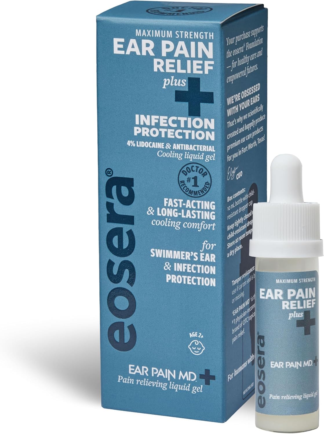 Ear Pain MD +Plus Earache Relief Drops – 4% Lidocaine + Antiseptic for Pain Relief & Infection Protection – Swimmer's Ear, Ear Infections, Allergies