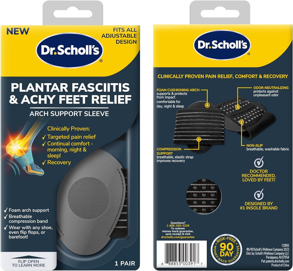 Dr. Scholl's® Plantar Fasciitis & Achy Feet Relief Arch Support Sleeve, Cushioned Arch Supports, Compression Band, Foam Pad Insert, Non Slip Sole, All-Day Wear, Morning to Night, Unisex 1 Pair