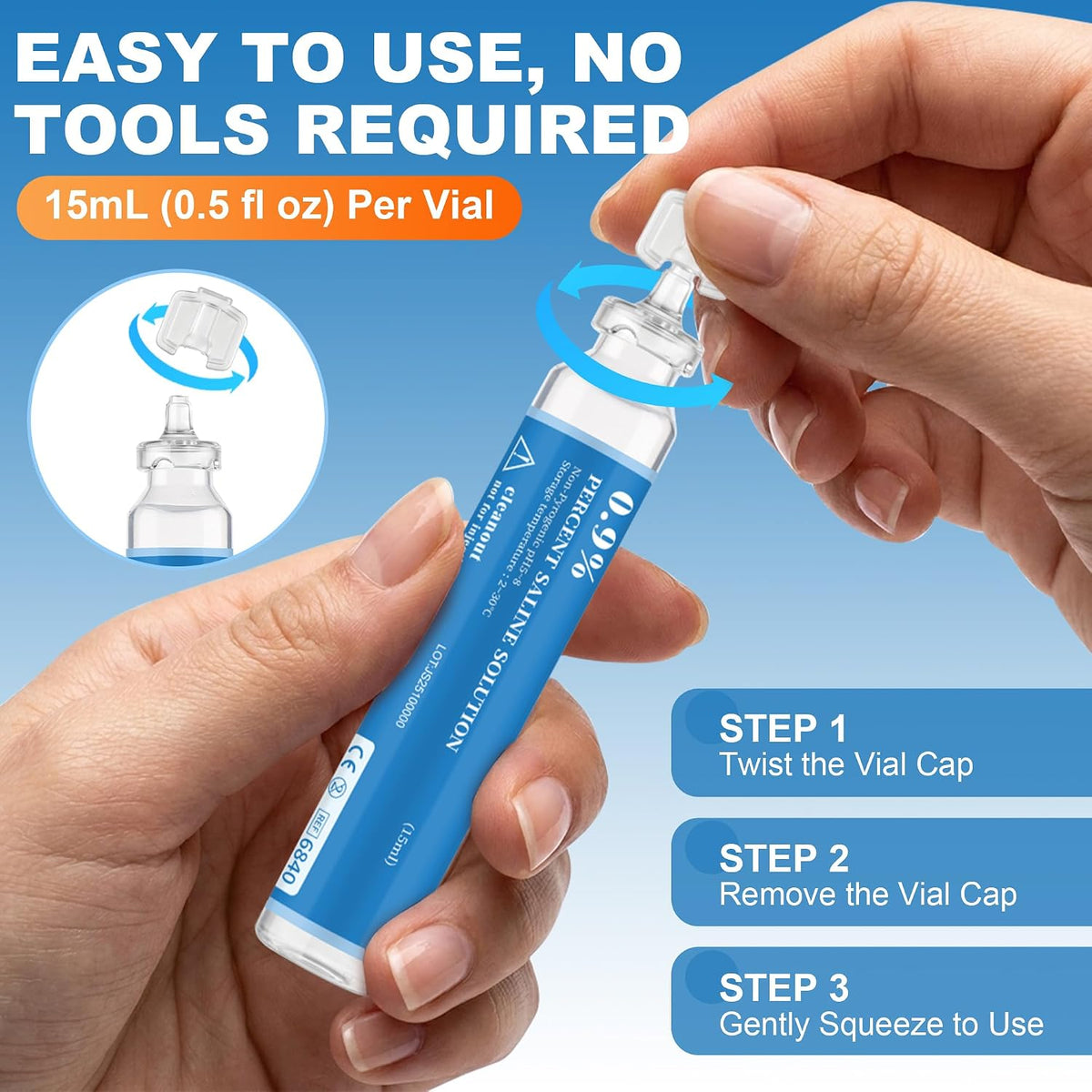 Saline Solution, 0.9% Sodium Chloride, 20 Pack 15mL Single-Use Vials for Nasal Rinse, Wound Wash, Skin Cleansing, Ready-to-Use Saline Water for Daily Care