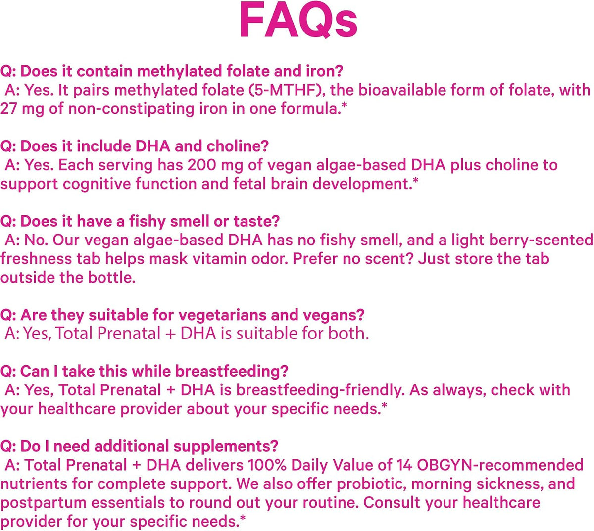 Pink Stork Total Prenatal + DHA, Vegan, No Fishy Burps, 60 Count, Berry | Methylfolate, Vegan DHA, Non-Constipating Iron, Choline, Vitamin B12 | Clean Label Purity Award, Made in USA