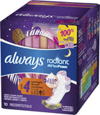 ALWAYS Radiant, Size 4, Overnight Sanitary Pads with Wings, Scented, 10Count, (Pack of 10)