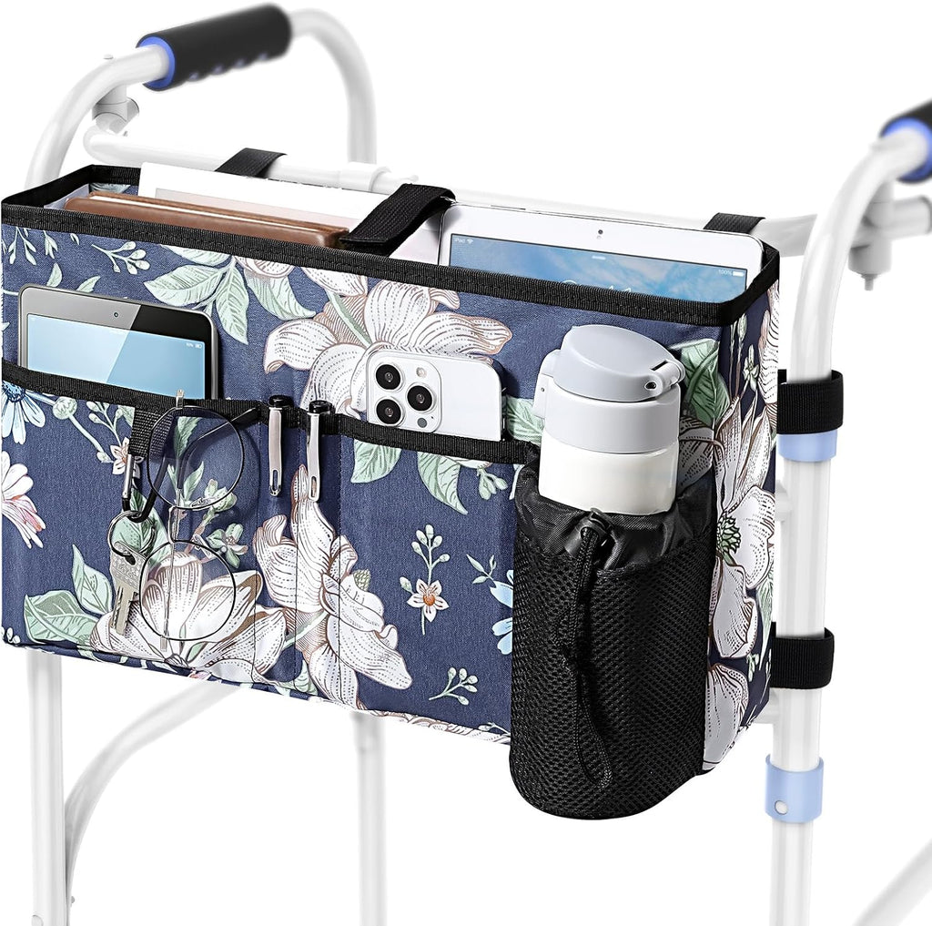 Rhino Valley Walker Bags for Folding Walker Accessories for Seniors,Cosmos | Secure Fit Walker Basket with Cup Holder, Large Capacity Foldable Detachable Folding Walker Pouch Organizer for Elderly Gifts
