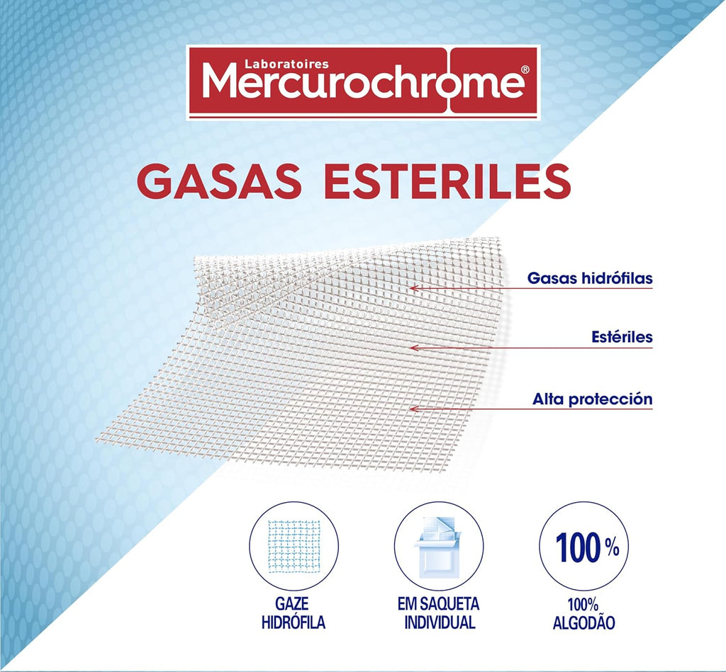 MERCUROCHROME - Sterile Gauze - 60 Gases - 100% Cotton - Individual Envelopes - Hygiene and Wound Care - Protection and Sterility - Breathable - Economy Format - First Aid