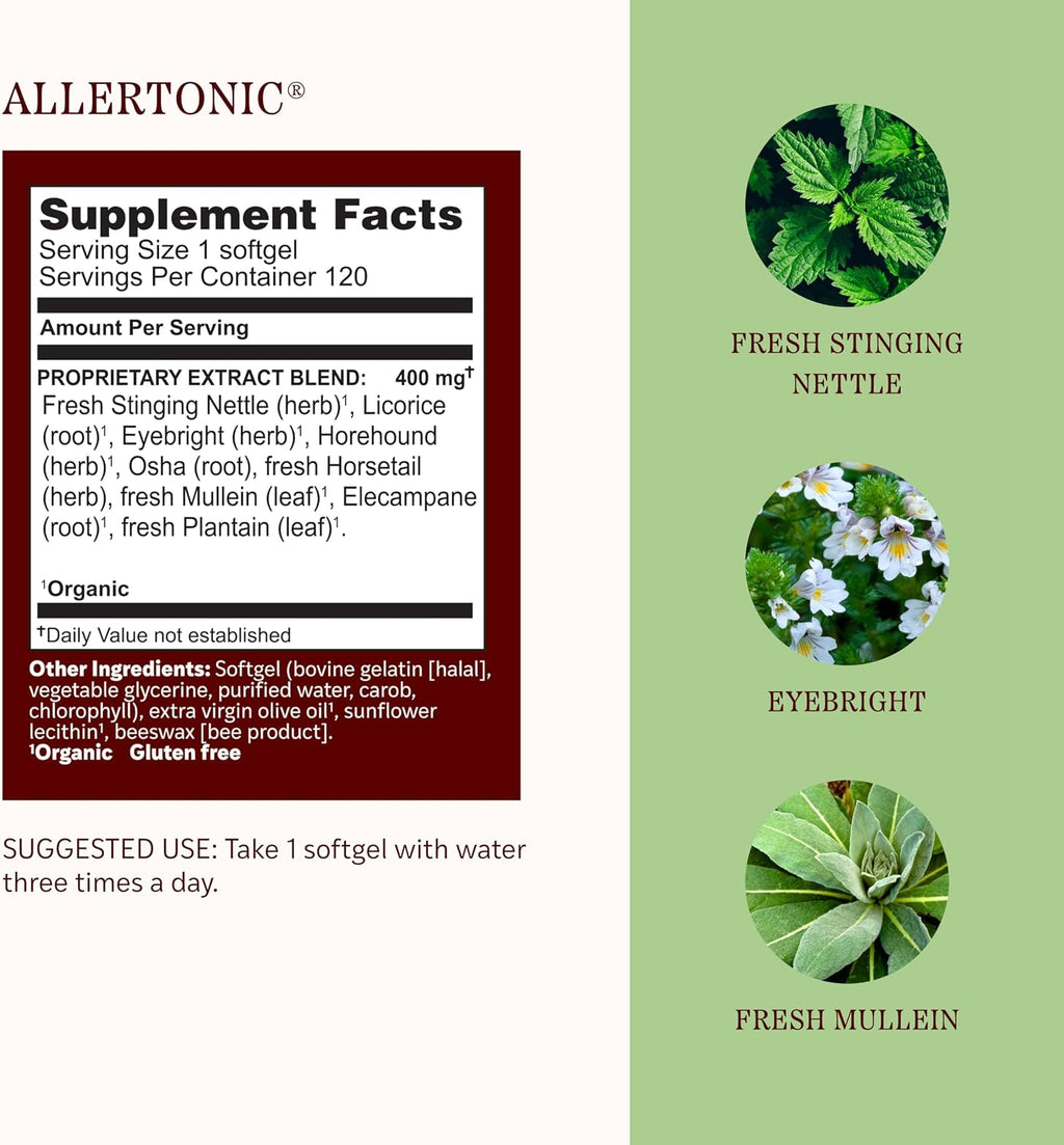 Herbs Etc. Allertonic Softgels, Herbal Allergy Supplement, 120 Count | Herbal Allergy Supplement with Organic Fresh Stinging Nettle, Eyebright, and Mullein for Respiratory Support, Non-Drowsy