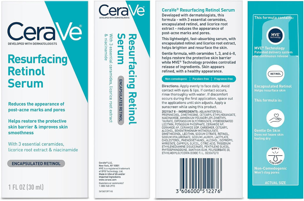 CeraVe Resurfacing Retinol Face Serum with Niacinamide, Pore Minimizer, 1oz | Skin Care Brightening Serum with Licorice Root, Acne Scar & Hyperpigmentation Treatment, Dark Spot Corrector, Skin Repair