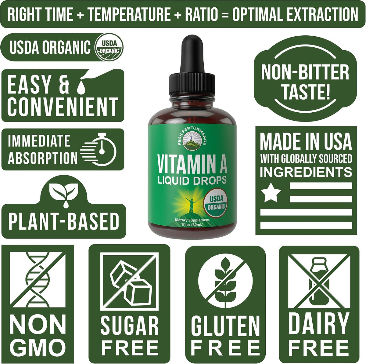 USDA Organic Vitamin A Liquid Drops Supplement. Vegan High Bioavailability | For Eye, Skin + Bone Health. For Adults, Men, Women, Kids. Vit A Oil Retinyl Palmitate. Gluten Free, Zero Sugar (1 fl oz)