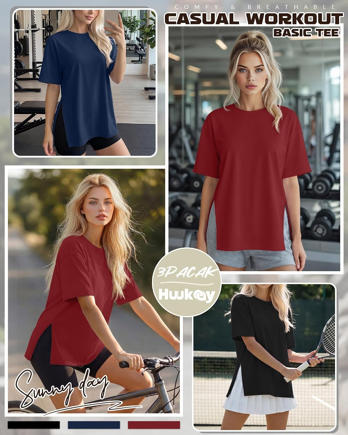 Huukeay 3 Pack Women's Oversized Workout T Shirts Short Sleeve Loose Fit Gym Tops Crewneck Casual Summer Basic Tees