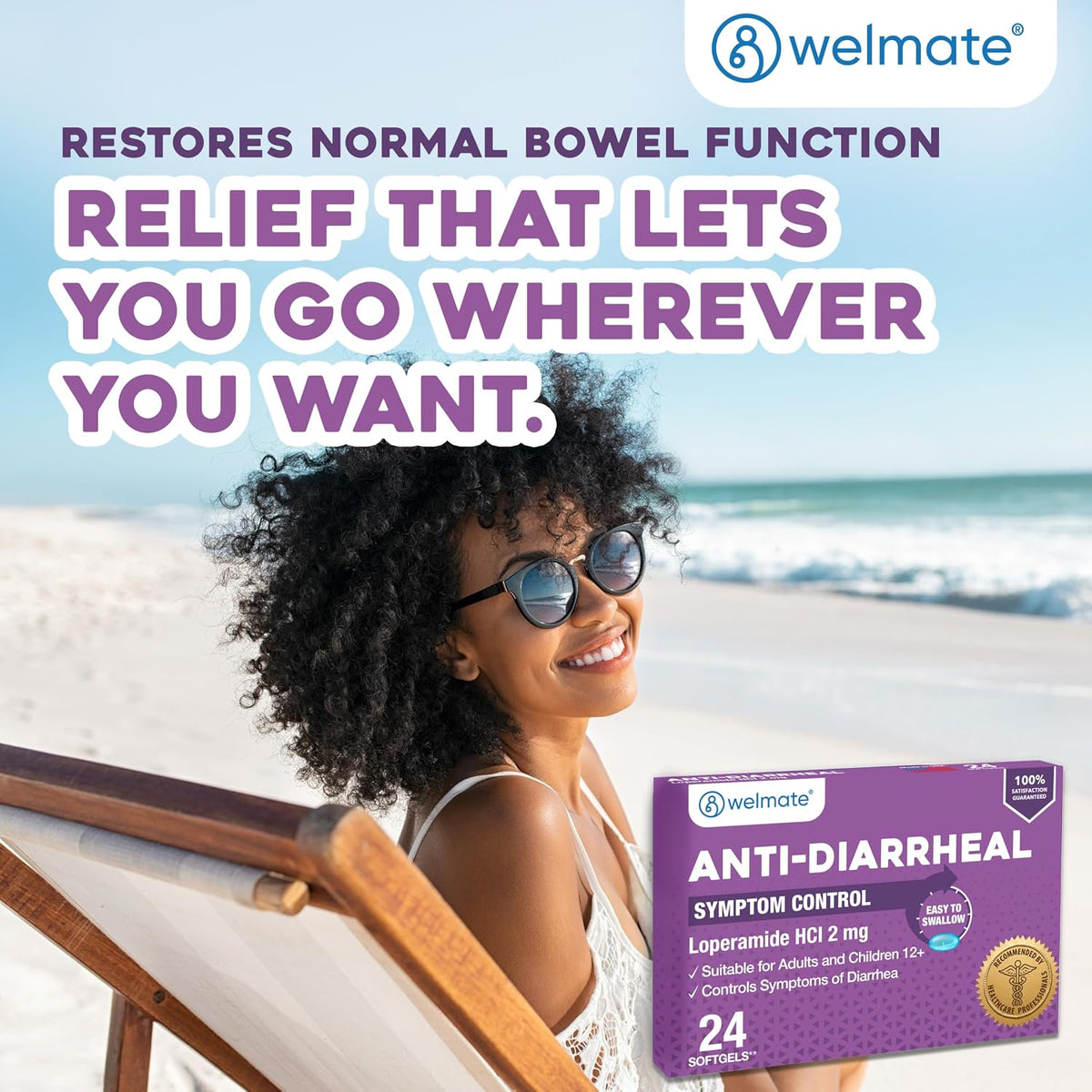 WELMATE Anti Diarrhea Pills, Loperamide HCl 2 mg Softgels, 24 Count, Fast-Acting Stomach Relief for Adults, Traveler's Diarrhea, Easy to Swallow Anti-Diarrheal Medicine