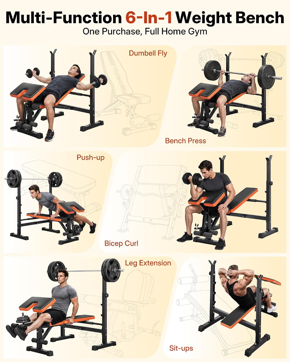 YOLEO 6-in-1 Weight Bench Set, 880LBS Adjustable Bench with Rack & Curl Pad | FID Adjust 41" Bench, Preacher Curl, Fits 5-6 ft Olympic Bar, Foldable Storage, Reinforced Steel Frame for Full-body Training