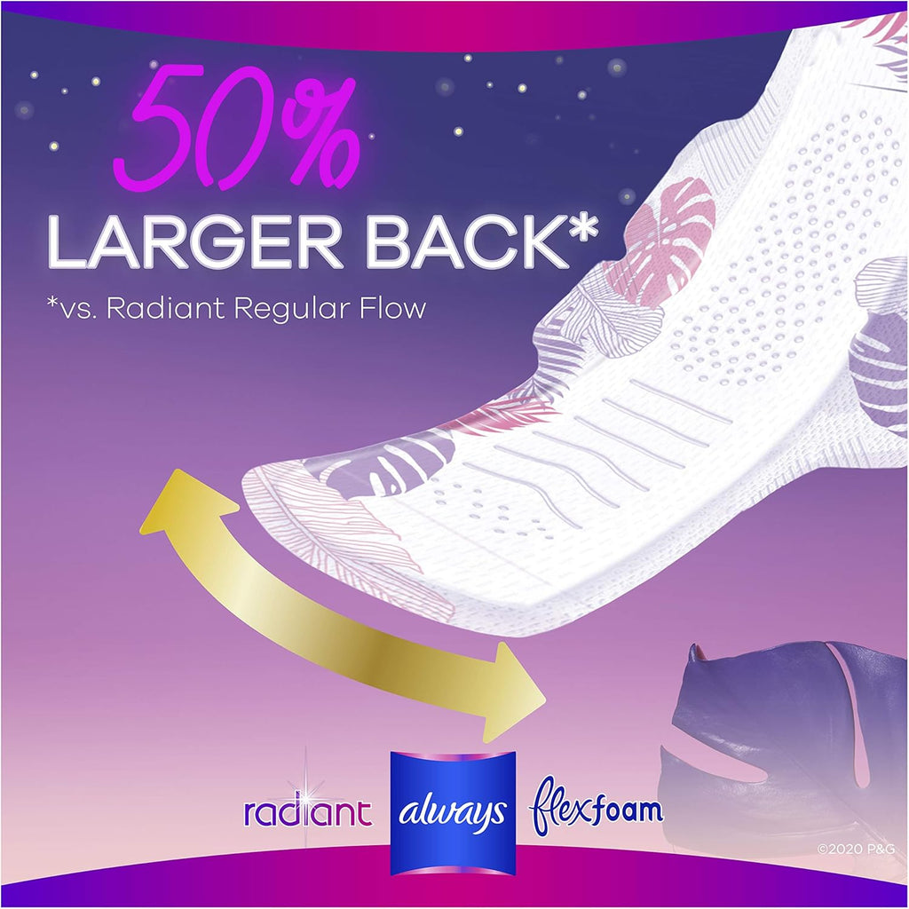 ALWAYS Radiant, Size 4, Overnight Sanitary Pads with Wings, Scented, 10Count, (Pack of 10)
