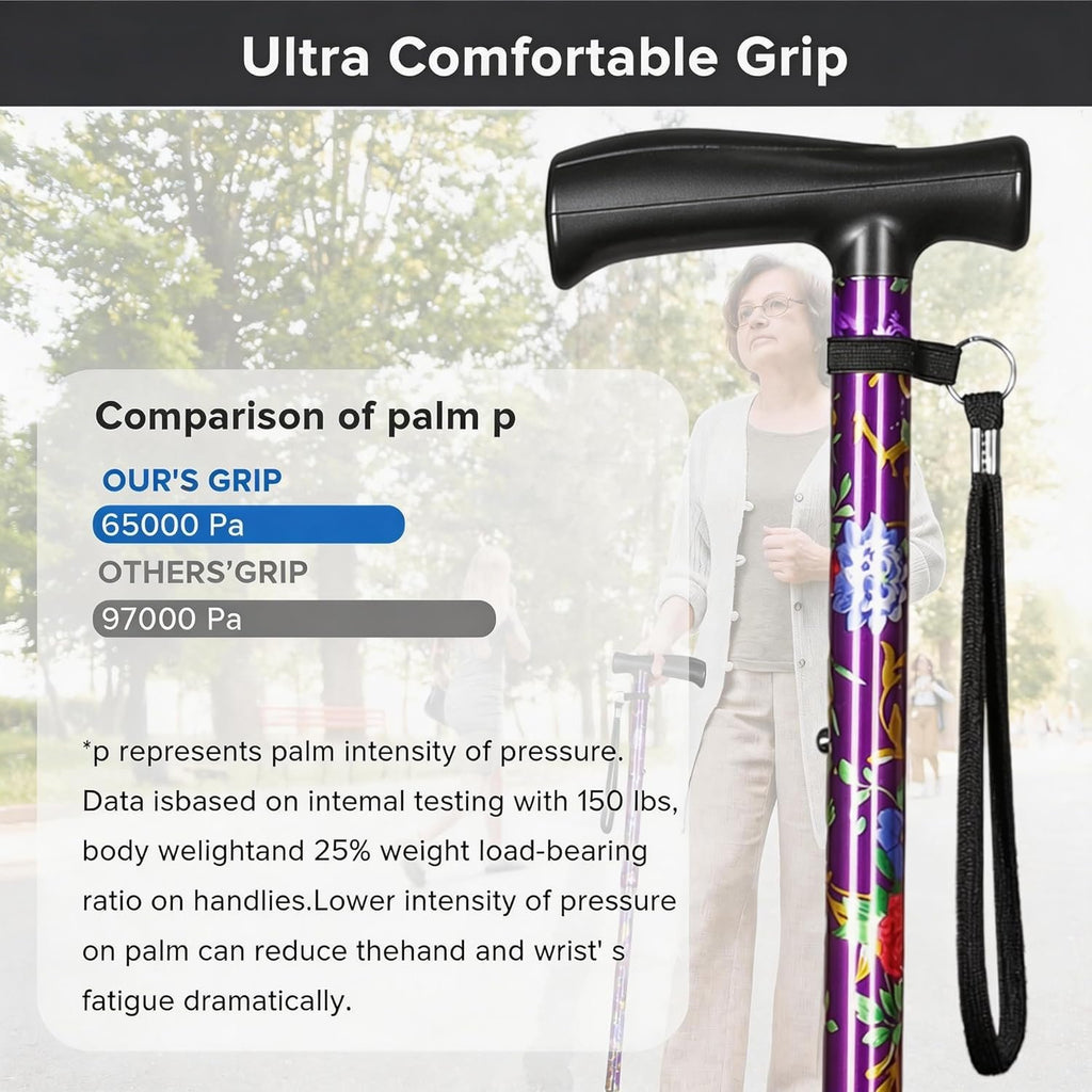 Floral Canes for Women Folding Cane for Stability with Non-Slip Base, Adjustable Walking Cane for Seniors - Lightweight Collapsible Walking Sticks with T & Offset Handle