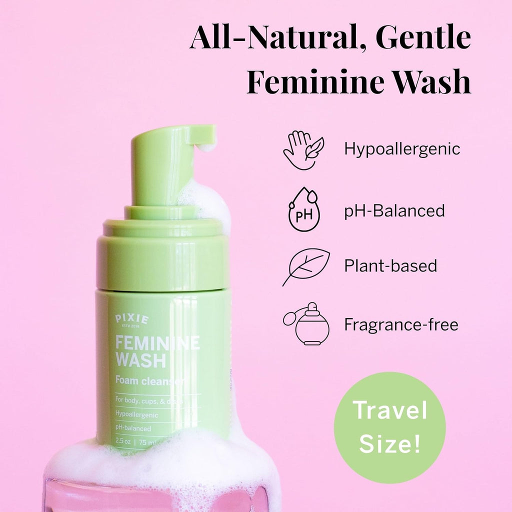 Pixie Feminine Wash – Foaming Cleaner with Natural Ingredients – pH Balanced & Plant Based – For Your Menstrual Cups and Discs, TSA Approved 2.5oz