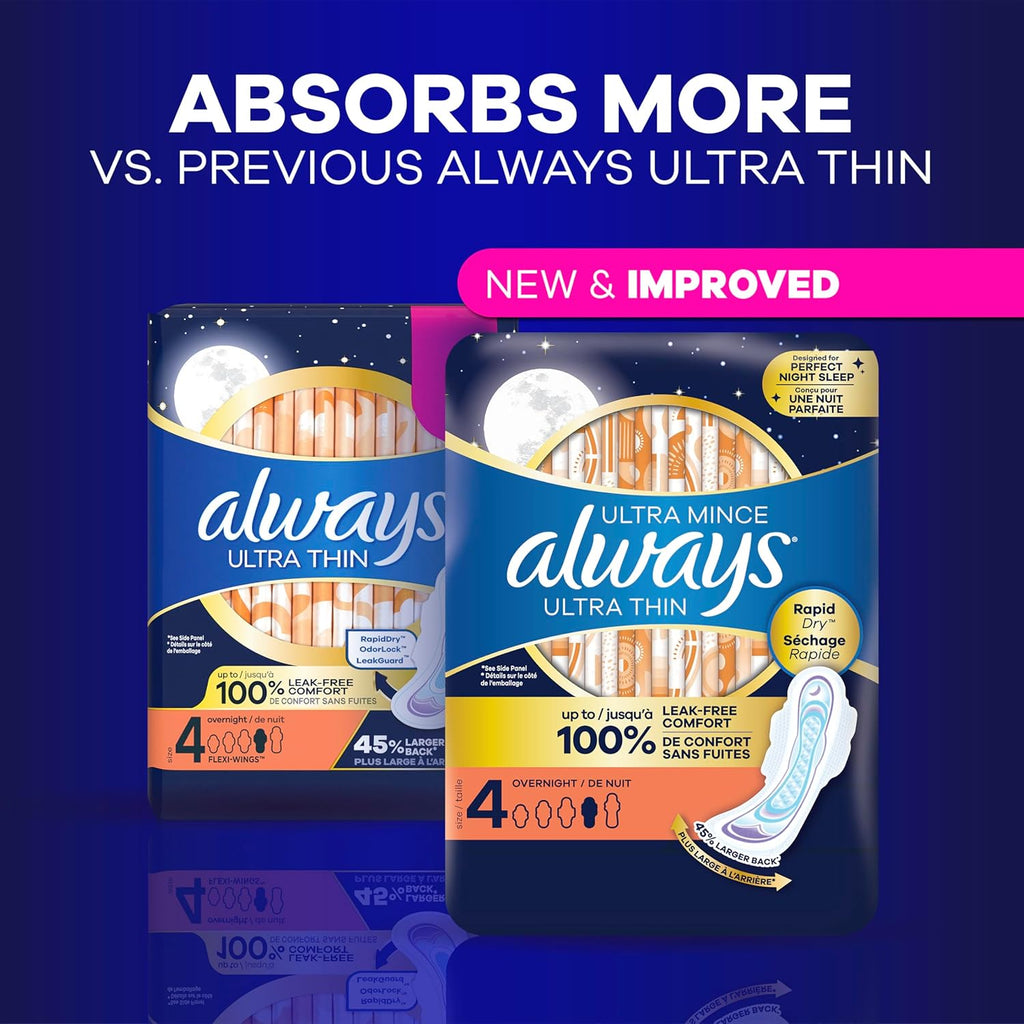 Always Ultra Thin Overnight Pads with Wings, Size 4, Overnight, 78 Count (3 Packs of 26)