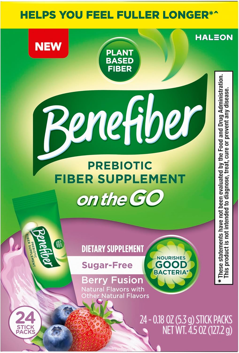 Benefiber Prebiotic Fiber Supplement Powder, Berry Fusion, 24 Stick Packs