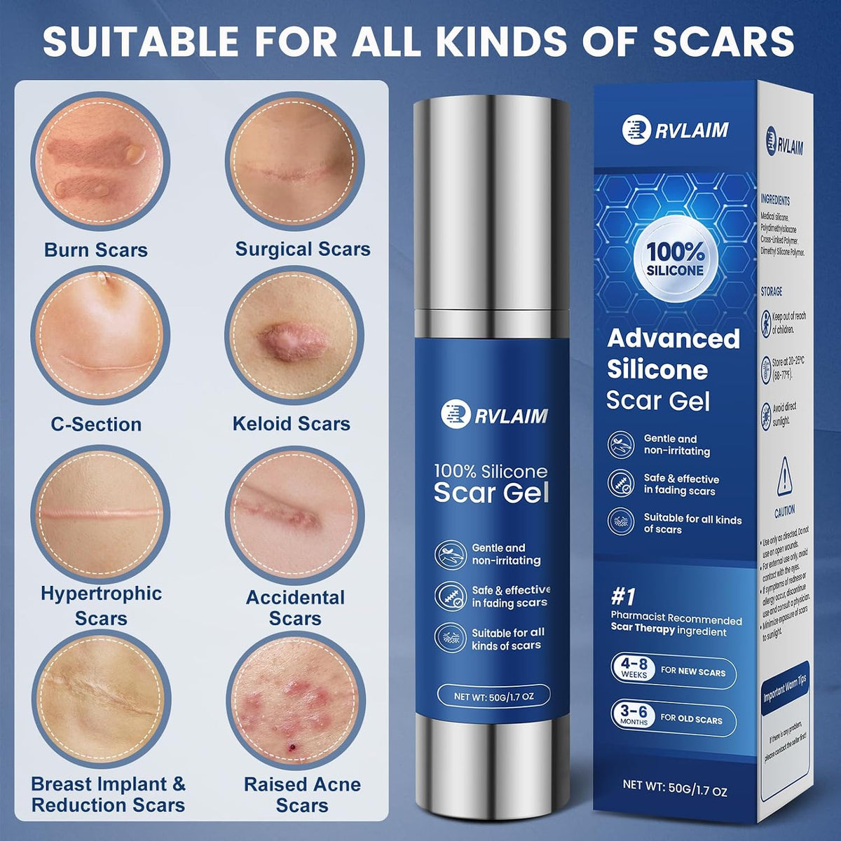 Rvlaim 100% Advanced Silicone Scar Gel for Old & New Scars,1.7oz/50ml | Hypoallergenic and Fast-absorbing Effective for Surgical, Burns, Acne, C-Section, Keloid Scars and Stretch Marks