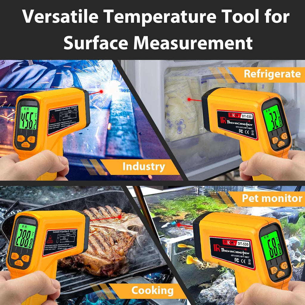 FKM Infrared Thermometer Gun Non-Contact Laser Temperature Gun,-58°F~986°F | Adjustable Emissivity,Digital IR Thermometer Gun for Cooking,Griddle,Pizza Oven,BBQ,HVAC,Automotive,Industrial,Not for Human