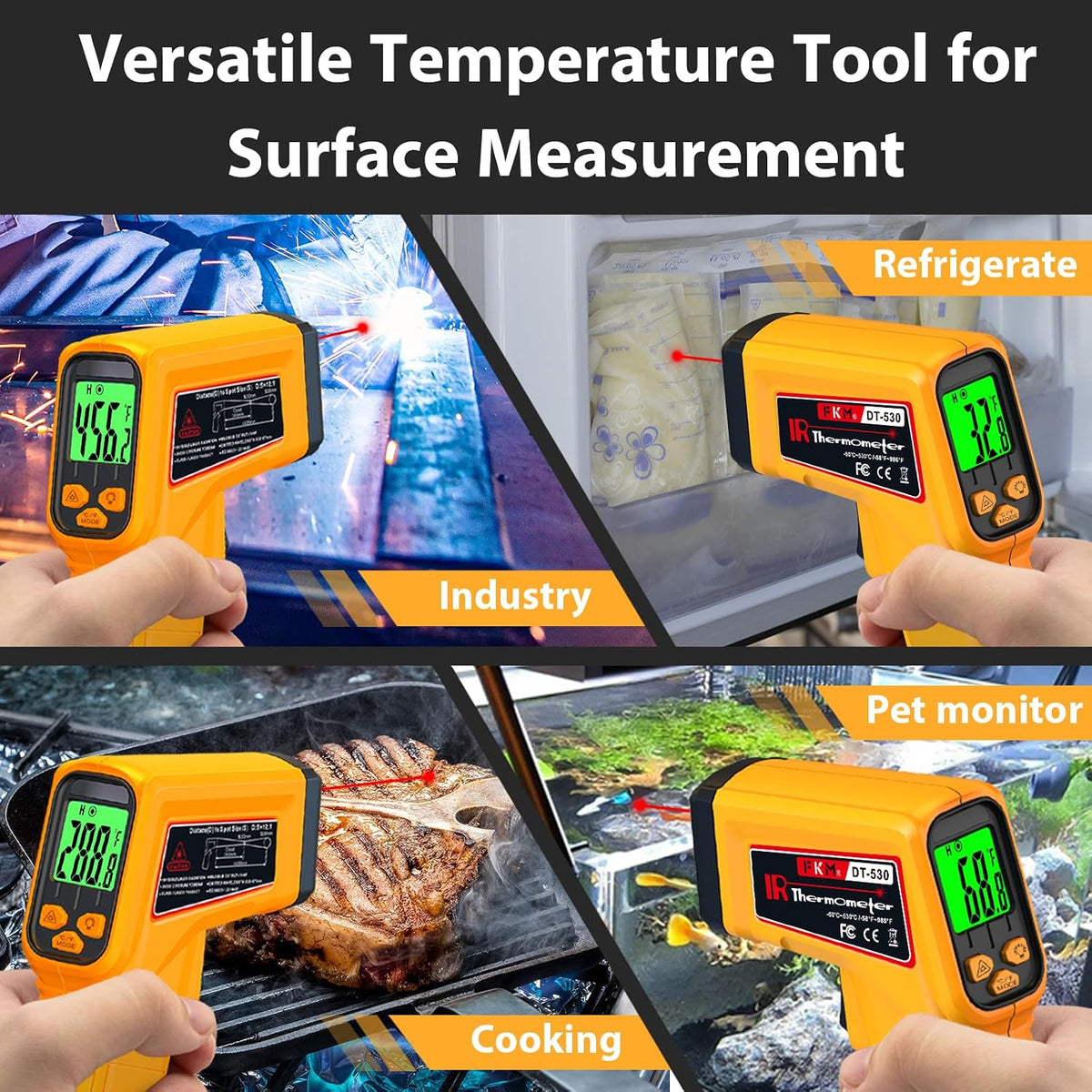 FKM Infrared Thermometer Gun Non-Contact Laser Temperature Gun,-58°F~986°F | Adjustable Emissivity,Digital IR Thermometer Gun for Cooking,Griddle,Pizza Oven,BBQ,HVAC,Automotive,Industrial,Not for Human
