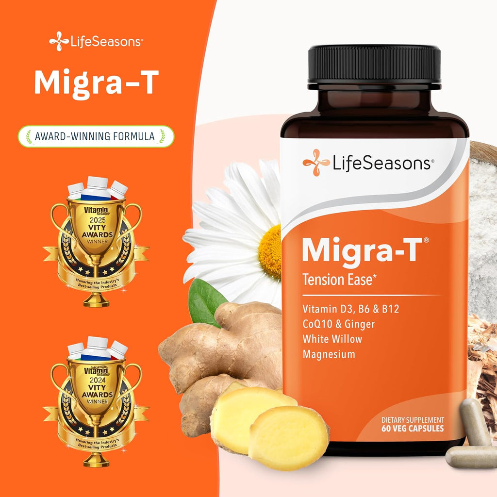 LifeSeasons Migra-T Tension Ease – Headache & Migraine Support Supplement with Feverfew, White Willow, Magnesium, CoQ10 & Ginger – Tension, Light Sensitivity & Nervous System Balance - 60 Capsules