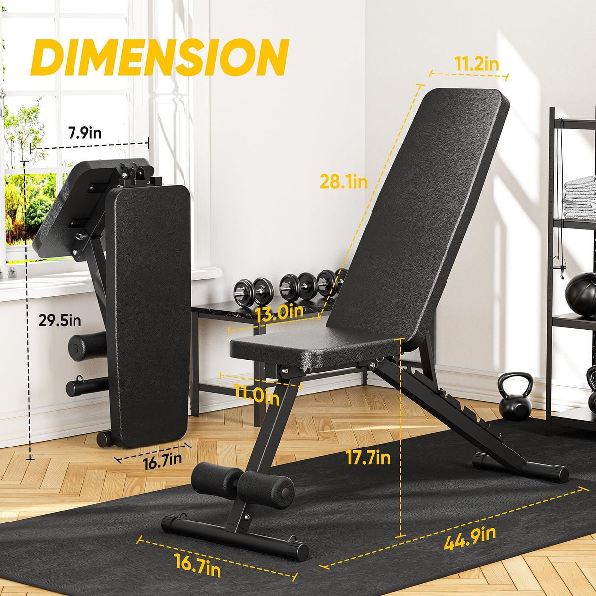 Adjustable Weight Bench for Home Gym, 600LBS Capacity Foldable Workout Bench with 7 Backrest Positions for Full Body Exercise, Compact for Small Spaces, Incline Decline Flat Bench with Quick Adjustment & Easy Folding