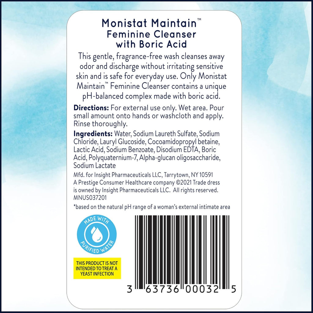 Monistat Boric Acid Feminine Wash, Fragrance-Free Intimate Wash for Women with Gentle pH-Balanced Formula, 10 Fl Oz
