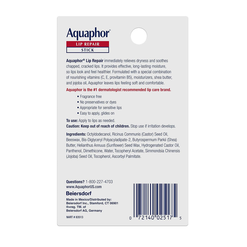 Aquaphor Lip Repair Stick, Moisturizing Lip Balm Pack, Relieves Dryness, 0.17 Oz Stick, Pack of 2 | Lip Balm Moisturizers with Jojoba Oil and Shea Butter, Immediate Dry Lip Relief, Paraben and Fragrance Free