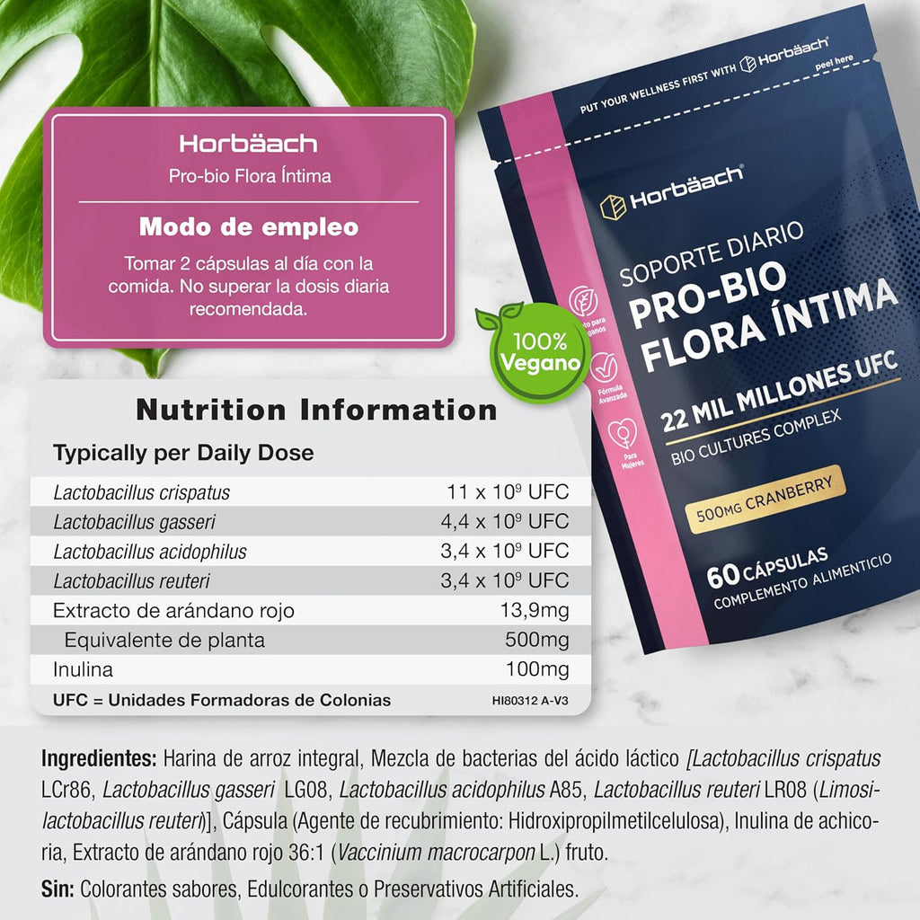 Pro-bio Woman Intimate Flora 22 Billion CFU with Cranberry | Inner Balance with Lactobacillus Reuteri + Lingonberry Extract | by Horbaach