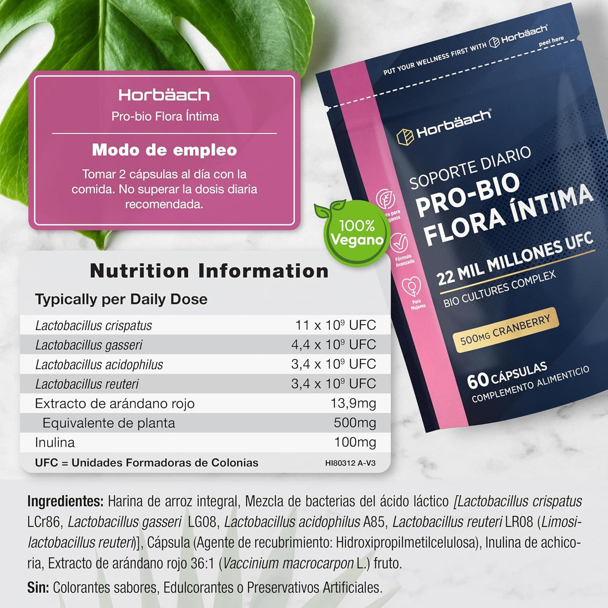 Pro-bio Woman Intimate Flora 22 Billion CFU with Cranberry | Inner Balance with Lactobacillus Reuteri + Lingonberry Extract | by Horbaach
