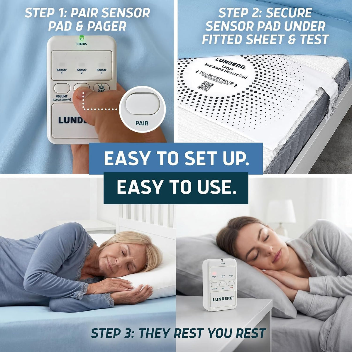 Lunderg Large Wireless Bed Alarm System for Elderly & Fall Prevention | Alerts Caregivers When They Get Up. Extra Coverage For Restless Sleepers. Great For Dementia Care & Safety. US Company.