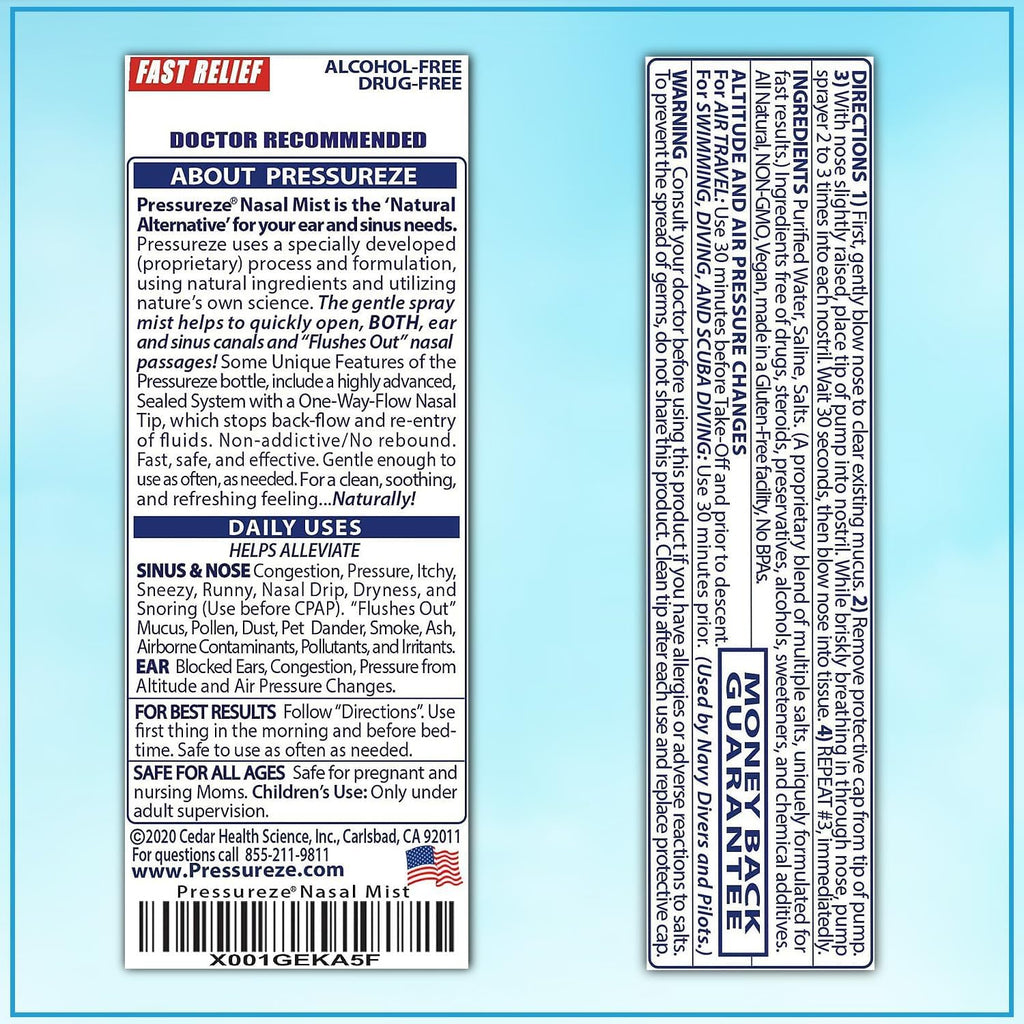 Pressureze Nasal Spray - All Natural Preservative-Free Sterile - Fast Relief Nasal Spray - for Sinus Allergies Congestion Blocked Ears Loud Snoring | 130 Sprays, 18 ml