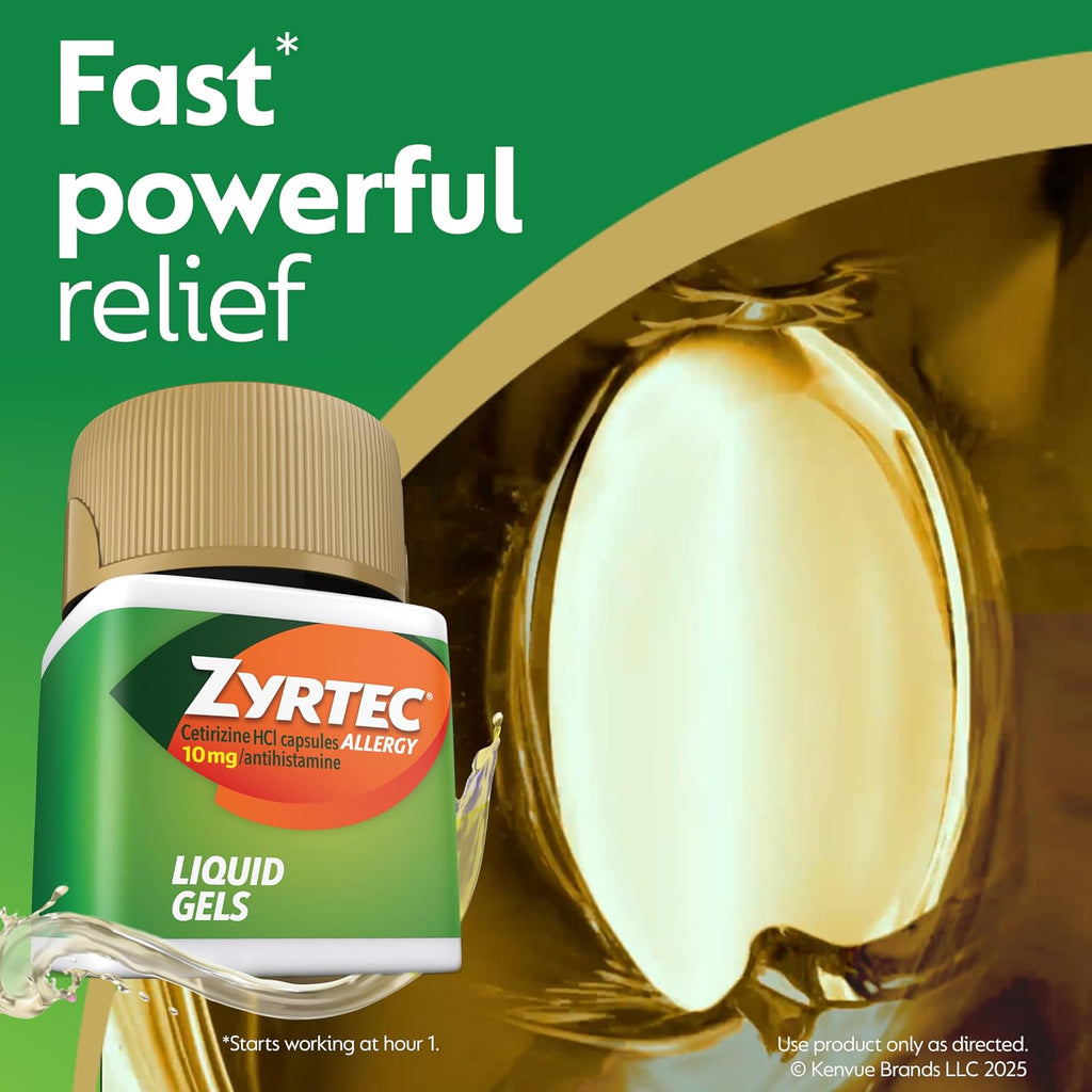 Zyrtec 24-Hour Allergy Relief Liquid Gels, 10 mg Cetirizine HCl, 25 count | Antihistamine Capsules, Allergy Medicine, All-Day Relief from Runny Nose, Sneezing, Itchy Eyes & More