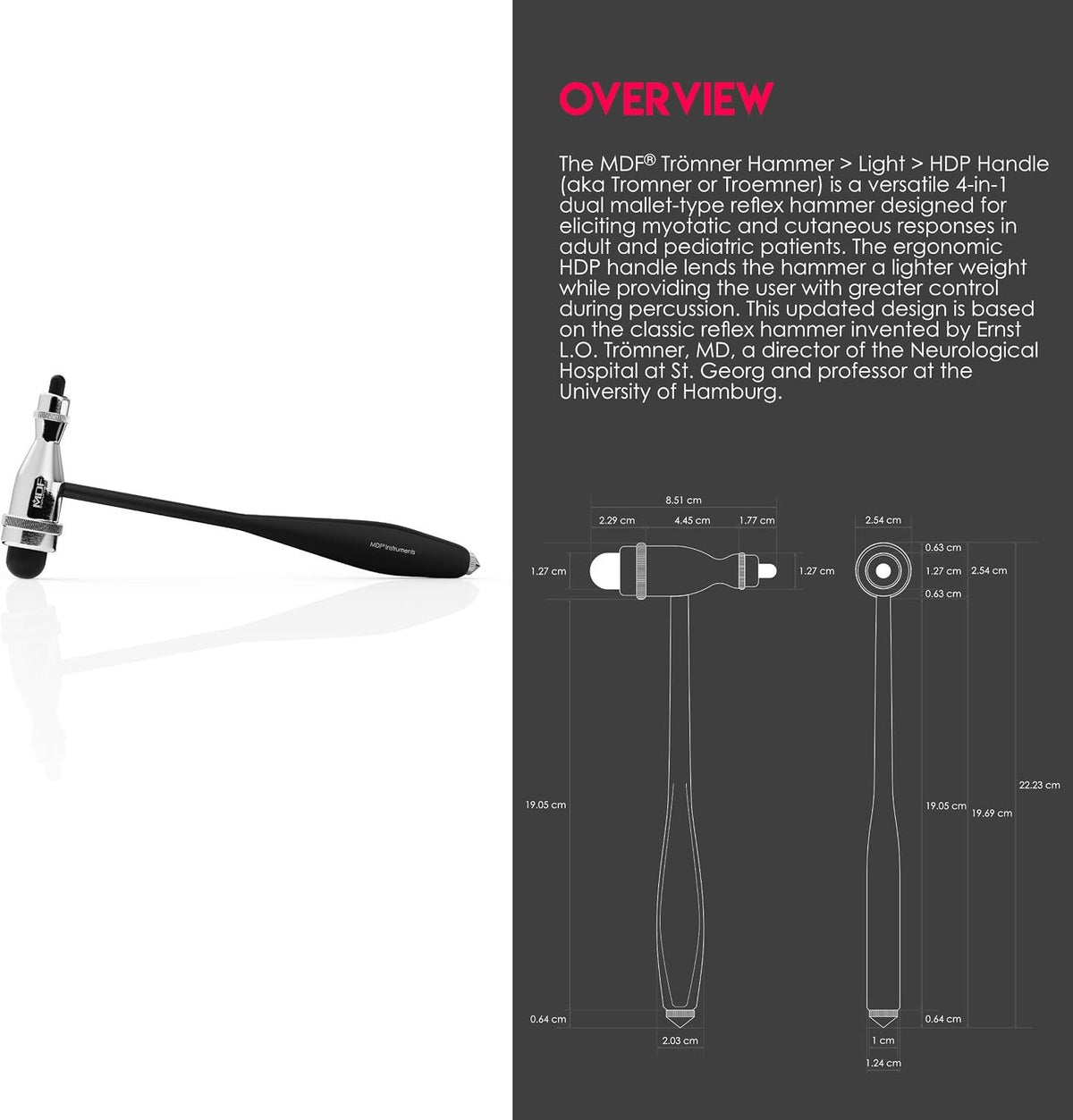 MDF Instruments, Tromner Neurological Reflex Hammer with Built-in Brush for Cutaneous and Superficial Responses - Light - HDP Handle - Durable, Professional-Grade - Black (MDF555P-11)