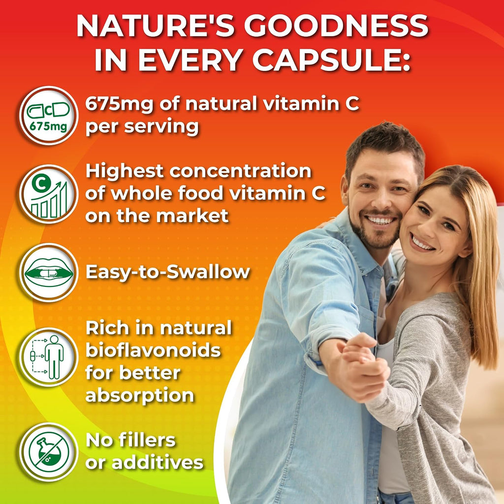 Whole Food Vitamin C Complex - 1450mg Organic Berries - 675 mg Vitamin C per Serving, High-Potency Antioxidant & Immune Support with Acerola, Amla and Natural Bioflavonoids - Vegan, Non-GMO, 120 Count