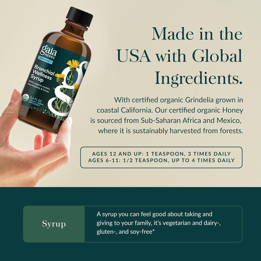 Gaia Herbs Bronchial Wellness Syrup - Respiratory Support Supplement to Help Maintain Lung Health & Help Provide Comfort for Occasional Dry Cough* - 5.4 Fl Oz (Up to 32 Servings)