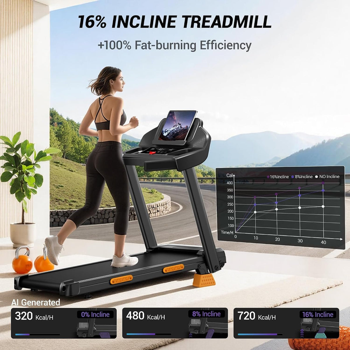 CURSOR FITNESS 16% Incline Treadmills for Home Small with 3 LED Displays | 400LBS Capacity Foldable Walking Pad Treadmill with Low Noise 3.0HP Motor, Portable Treadmill 0.6-7.0MPH