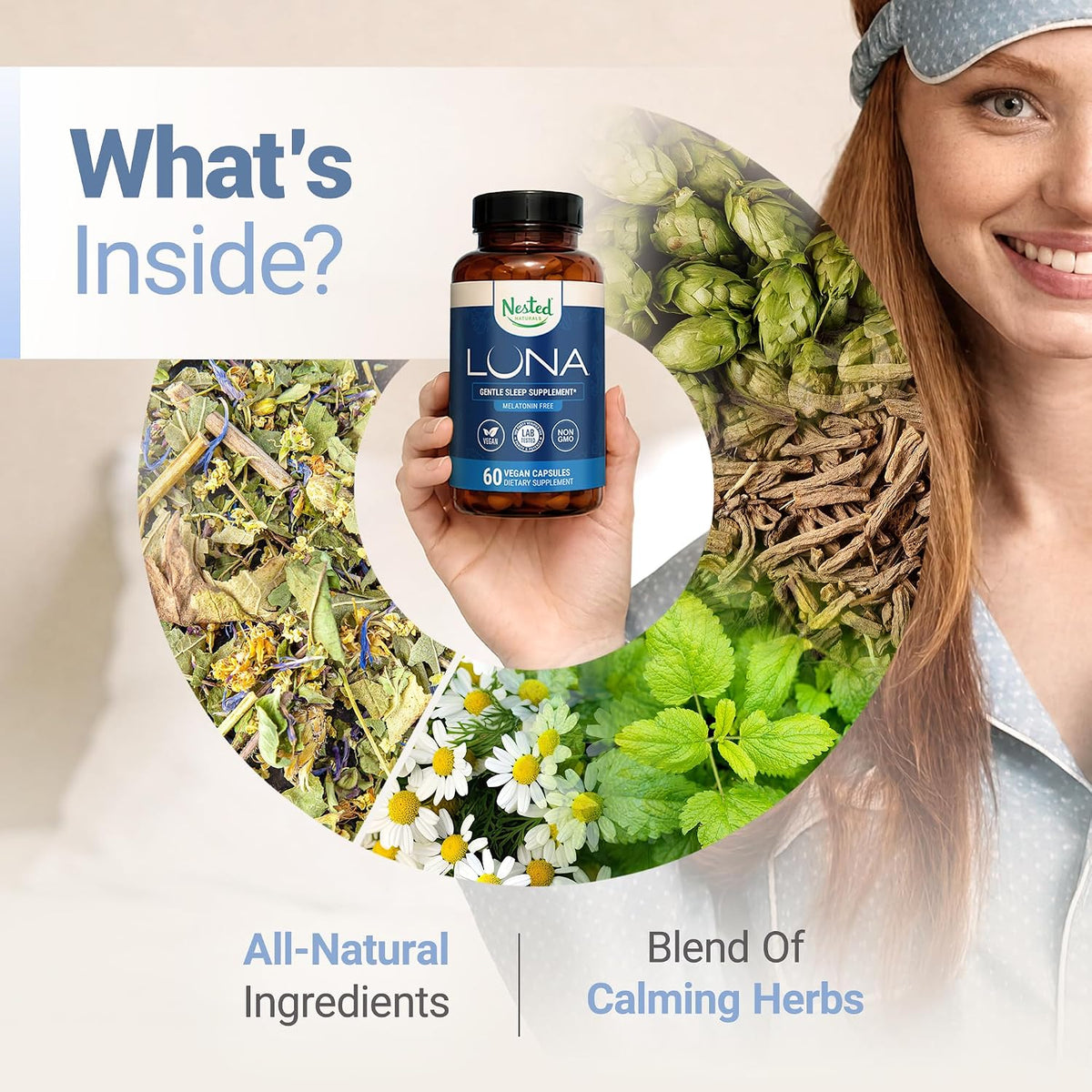 Nested Naturals Luna Melatonin-Free Sleep Supplement - Non-Habit Forming Herbal Sleep Supplement, Adult Bedtime Support, Help Sleeping w/Chamomile, Valerian, L-Theanine - 60 Vegan Capsules