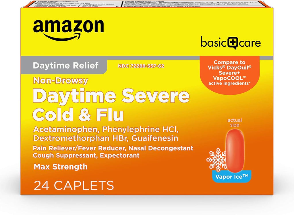 Amazon Basic Care Daytime Severe Cold & Flu Relief Caplets, Multi-Symptom Relief for Headache, Fever, Sore Throat, Chest & Nasal Congestion, Vapor Ice, 24 Count