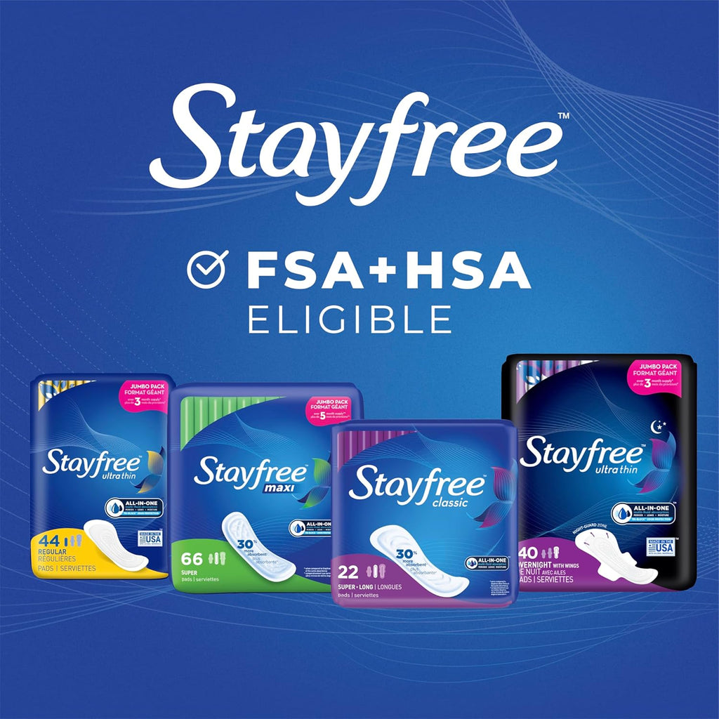 Stayfree Ultra Thin Overnight Pads with Wings, For Women, Reliable Protection and Absorbency of Feminine Moisture, Leaks and Periods, 40 count - Pack of 3