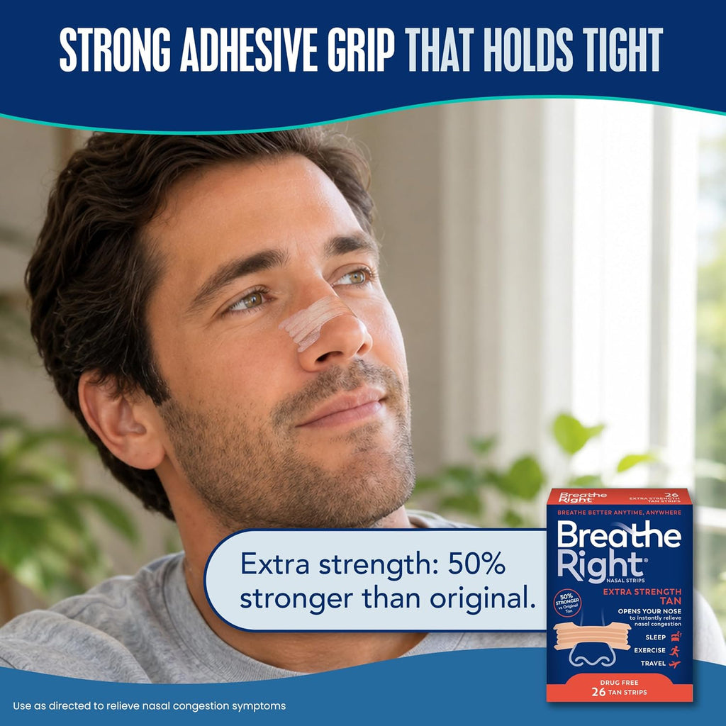 Breathe Right Nasal Strips, Extra Strength, Nasal Congestion, Tan, 26ct | Opens nose and increases nasal airflow, helps relieve nasal congestion for better breathing, drug-free, use anytime, anywhere