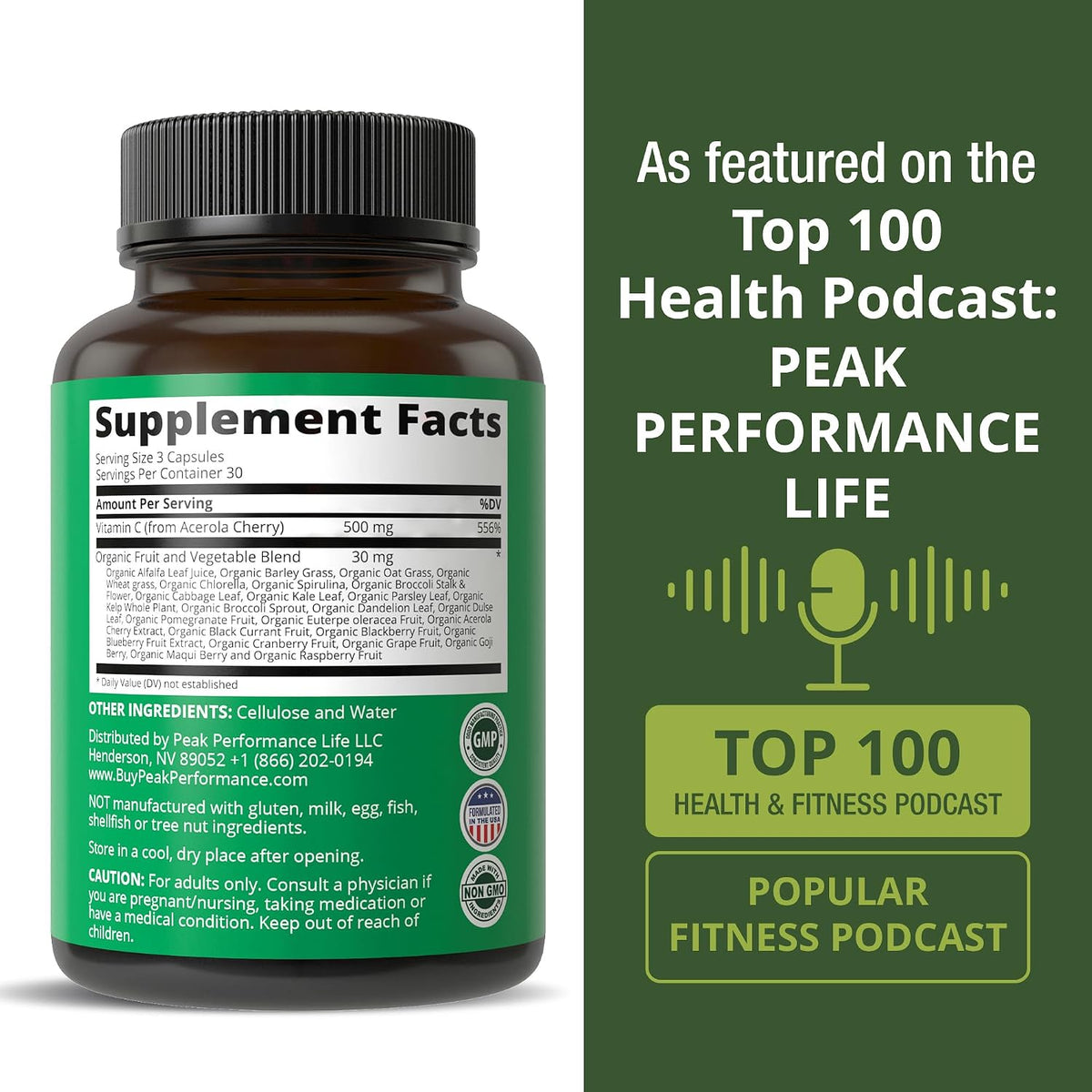 Peak Performance Raw Whole Food Vitamin C Capsules from Acerola Cherry