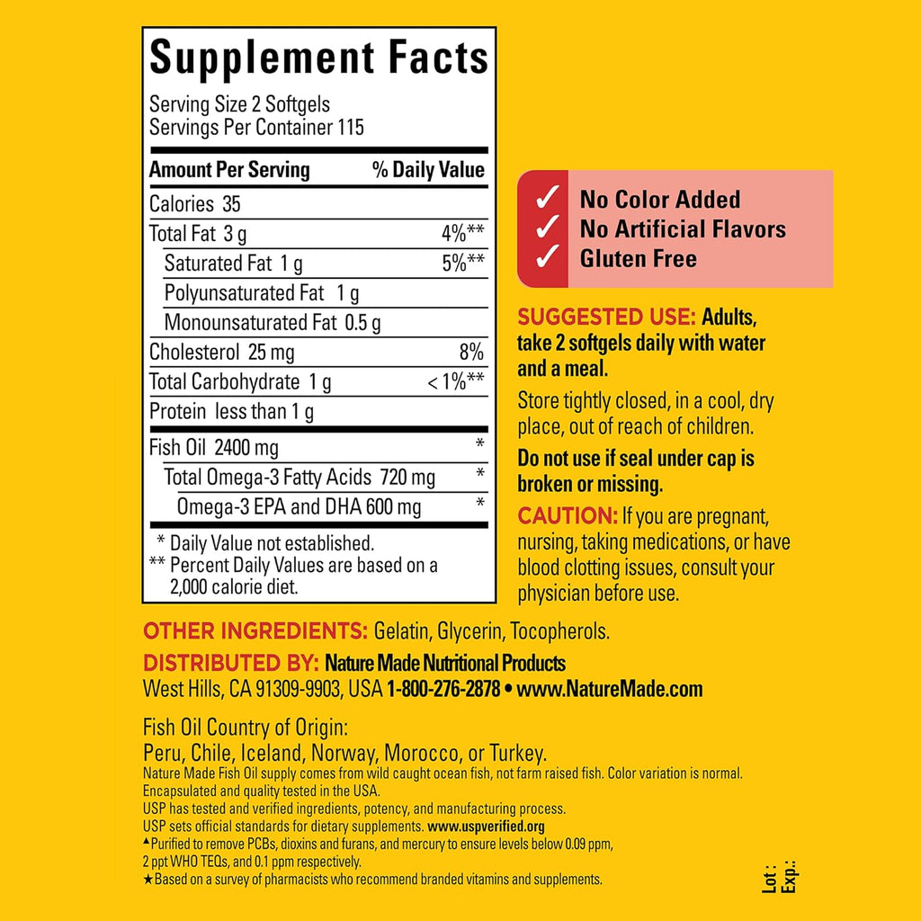 Nature Made Fish Oil Omega 3 Supplements, 1200 mg Softgels, 230 Softgels | Omega 3 Fish Oil for Healthy Heart Support, Gluten Free, Dairy Free, 115 Day Supply