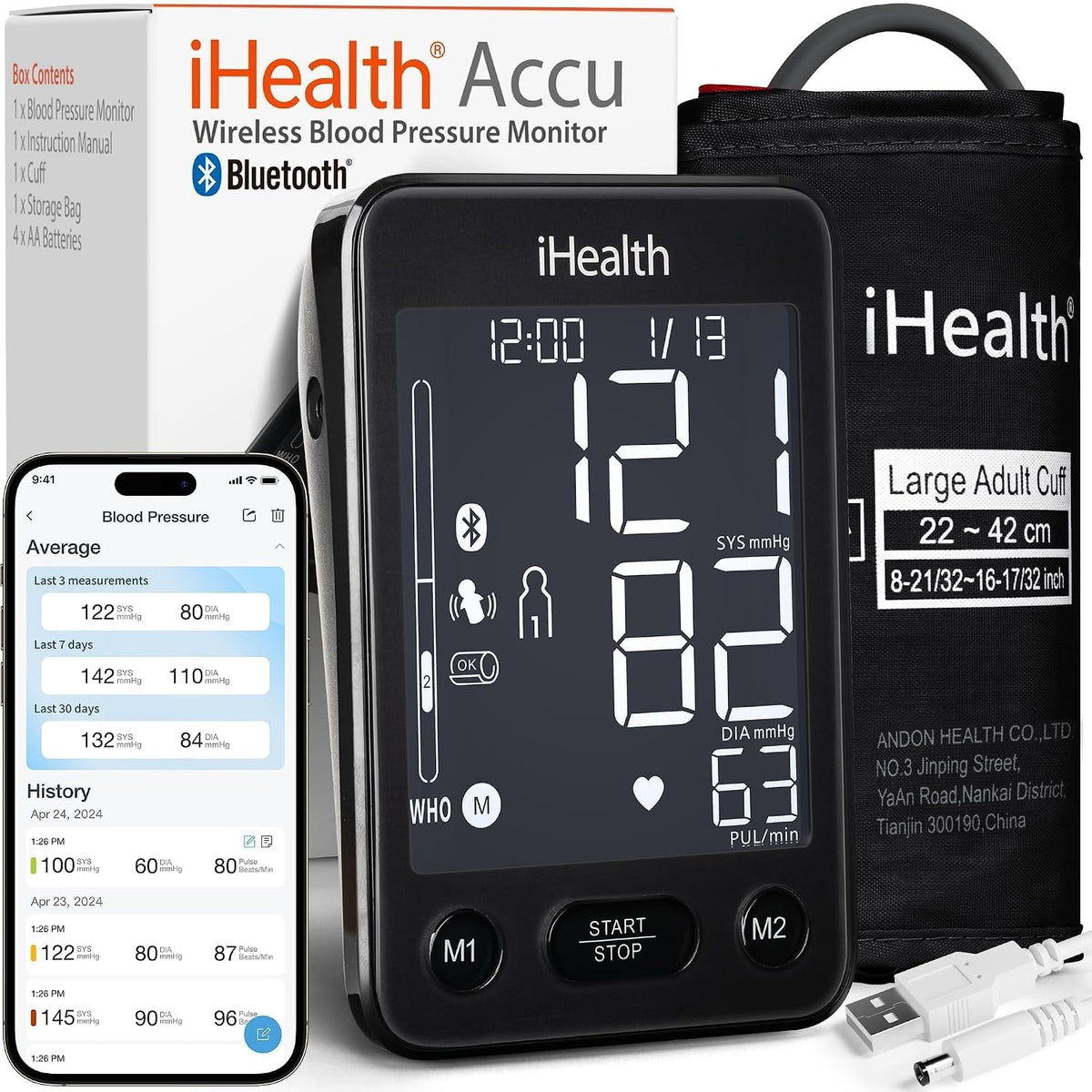 iHealth Accu Bluetooth Upper Arm Blood Pressure Monitor with Large Cuff | Smart BP monitor for home use, 8.7"-16.5"Adjustable BP Cuff for Large Arm, 2-user memory,compatible with iOS & Android, Black