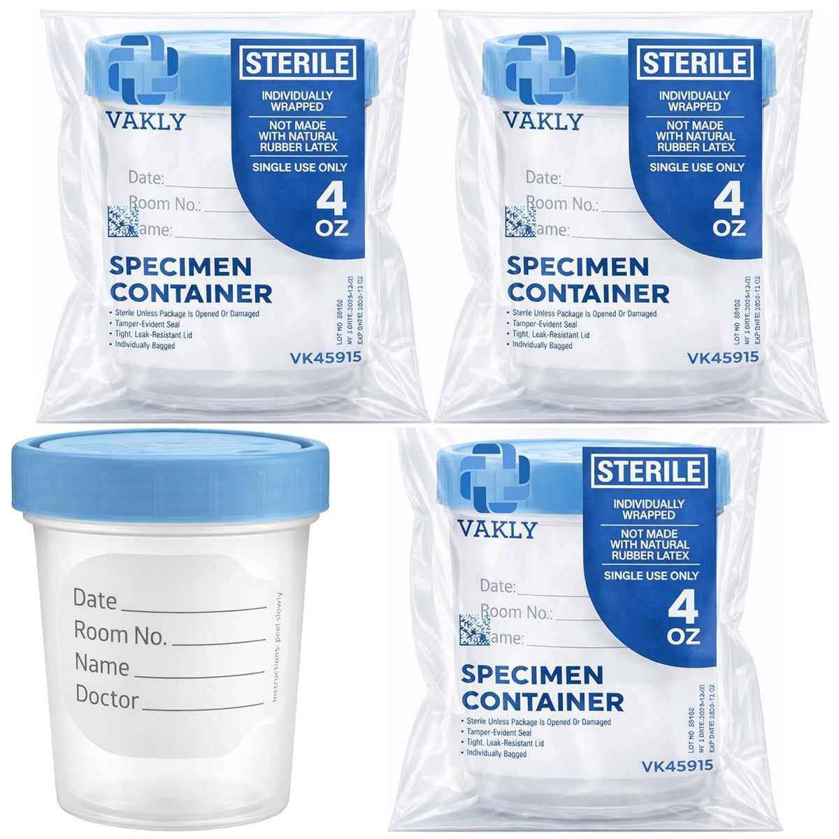 Vakly Sterile Specimen Cups 4 oz, Urine Collection Cups 3 Count | Individually bagged sterile cups with screw-on lids for urine collection, specimen testing, and secure sample handling