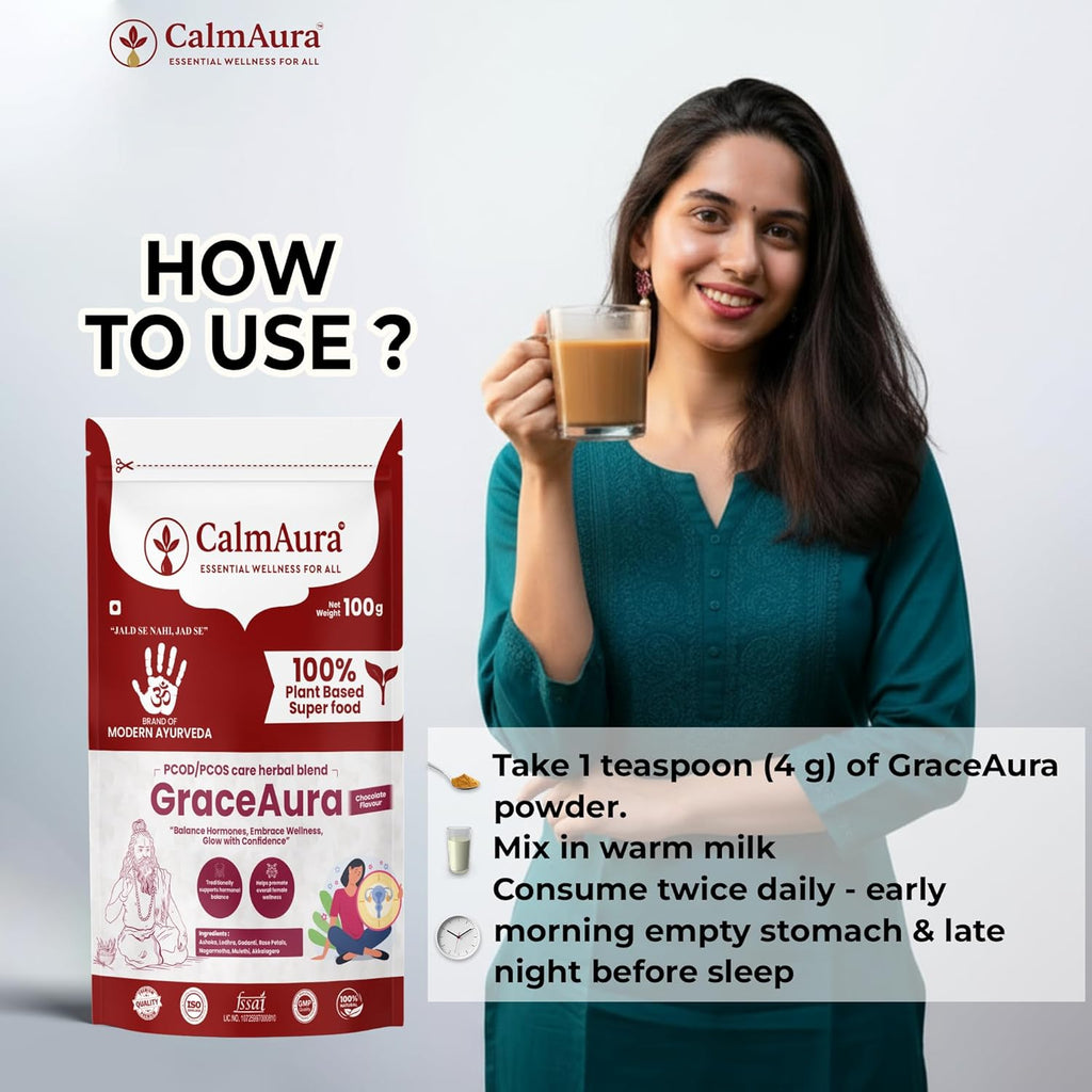 CalmAura GraceAura PCOD PCOS Care Herbal Blend Powder Chocolate Flavor | Ayurvedic Hormonal Balance & Menstrual Wellness Supplement for Women | Natural Uterine Health & Reproductive Support