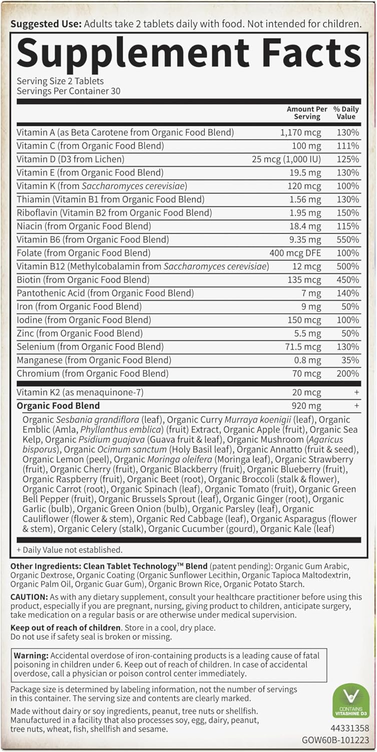Garden of Life Organics Women's Multivitamin, USDA Organic, 60 Tablets | Vitamin C, D3, Folate, B12, Biotin & Iron, Energy, Heart Health & Radiant Skin, Non-GMO, Vegan
