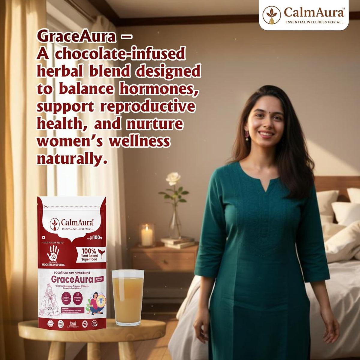 CalmAura GraceAura PCOD PCOS Care Herbal Blend Powder Chocolate Flavor | Ayurvedic Hormonal Balance & Menstrual Wellness Supplement for Women | Natural Uterine Health & Reproductive Support