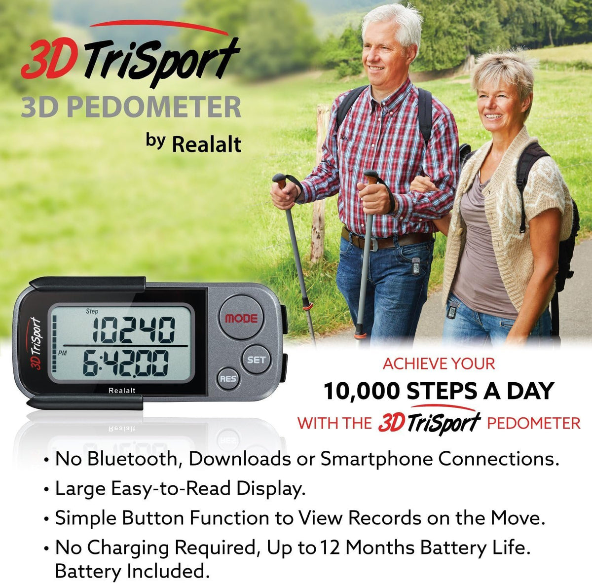 Realalt 3DTriSport 3D Walking Pedometer with Clip & Strap, Accurate Step Counter with 30-Day Memory, Distance in Miles/KM with Large Display Perfect for Seniors & Beginners, eBook Included