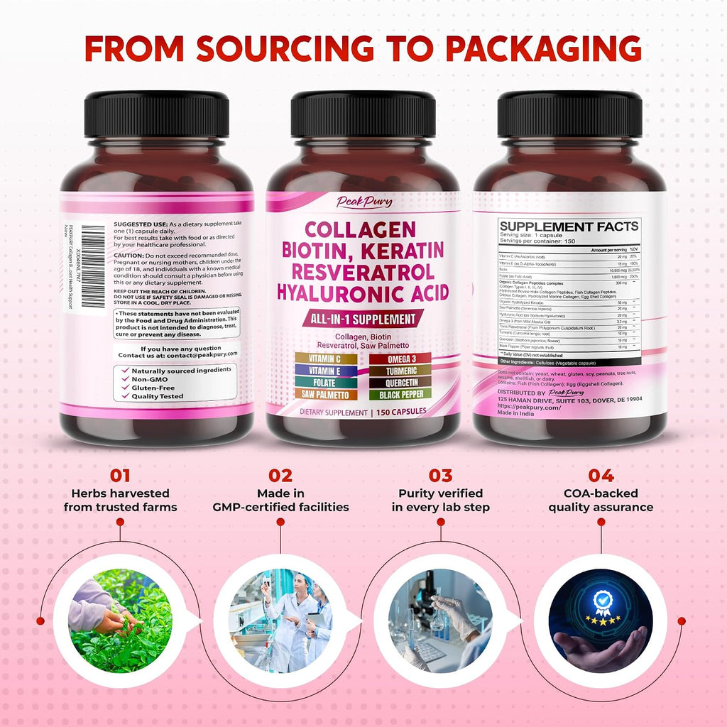 Collagen Biotin Supplement, 10000 mcg Biotin with Collagen Peptides, Hyaluronic Acid, Keratin, Resveratrol & Saw Palmetto, Skin Hair Nails & Joint Support*, 150 Capsules, Non-GMO