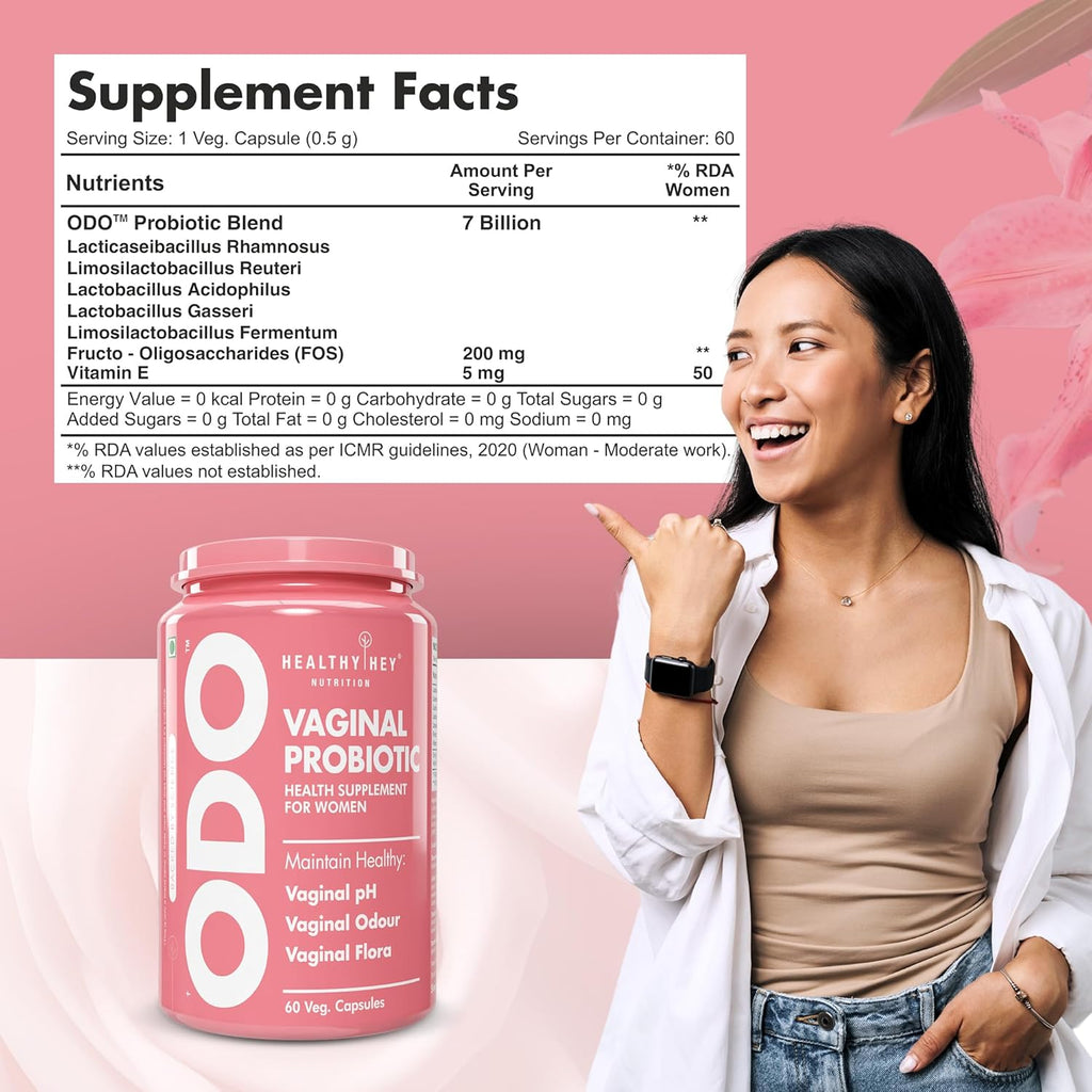 HealthyHey ODO Vaginal Probiotics for Women pH Balance with Prebiotics & Lactobacillus Probiotic Blend - Vaginal Health Supplement - Promote Healthy Vaginal Odor & Vaginal Flora - 60 Veg Capsules