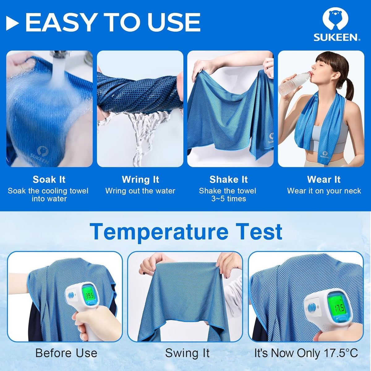 Sukeen 4 Pack Cooling Towels (40"x 12"), Cooling Neck Wraps, Soft Ice Towel | Lightweight,Absorb moisture,Long Last,Mesh Breathable for Sports,Outdoors,Yoga,Tennis,Golf,Running,Gym,Camping,Campus,Travel